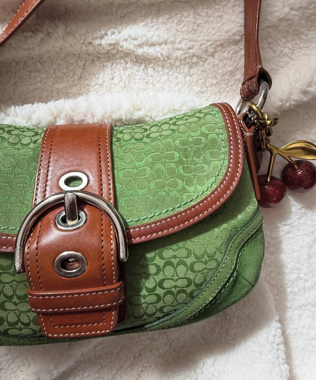 Rare Coach Soho Buckle Small Green Apple Signature Jacquard Suede Shoulder Bag