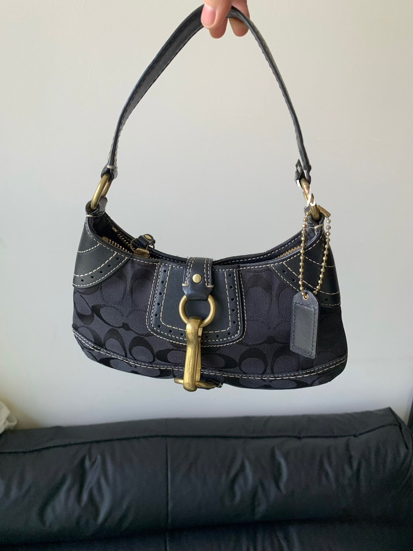 Coach Signature Demi Pouch Baguette with Front Dog-Leash Clip & Studded Leather Trim