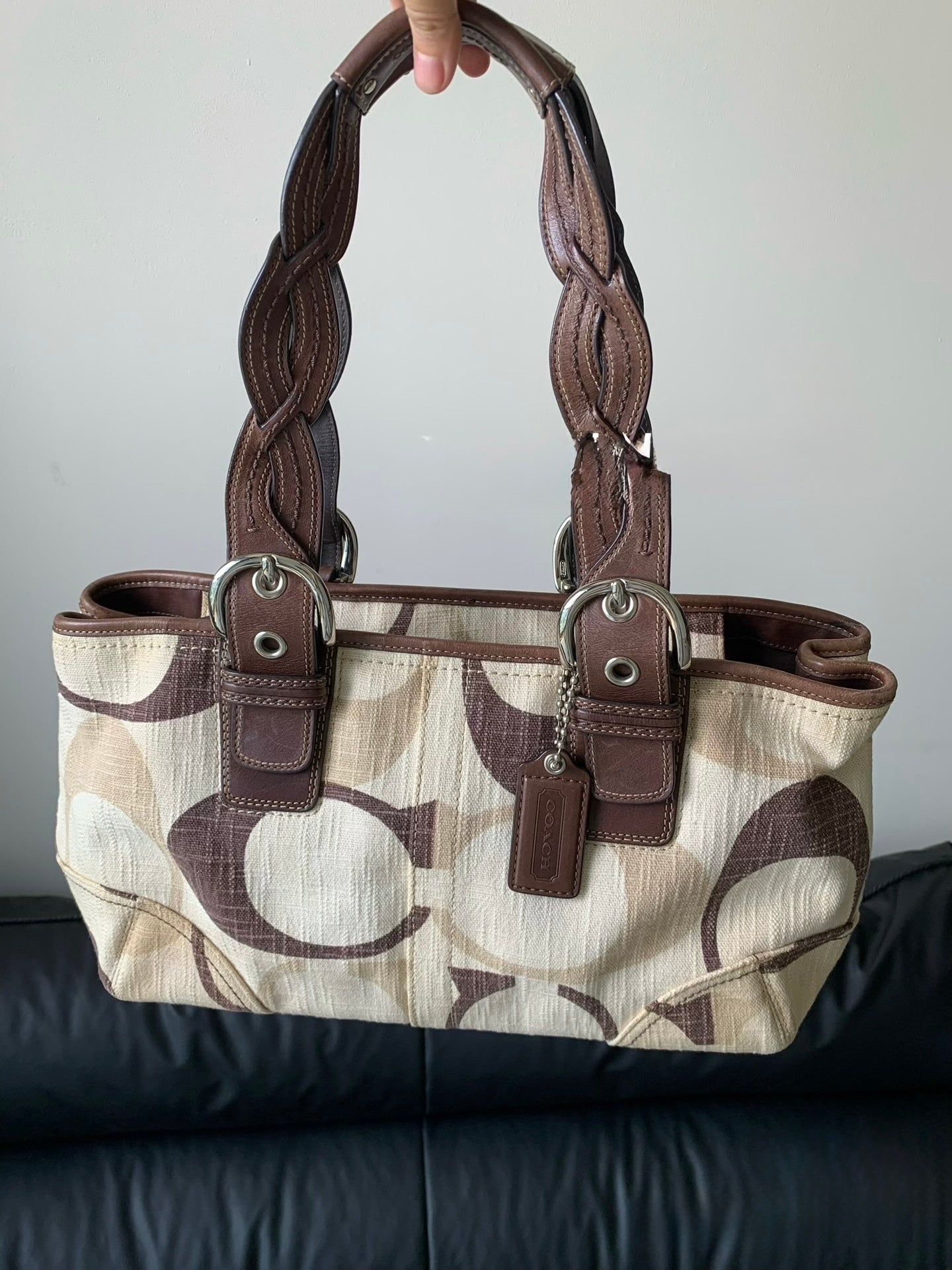 Coach Hamptons Signature Canvas Carly Tote with Braided Leather Handles