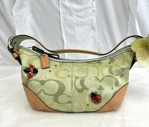 2004 Vintage Coach Green Optic Ladybug Appliqué Shoulder Bag