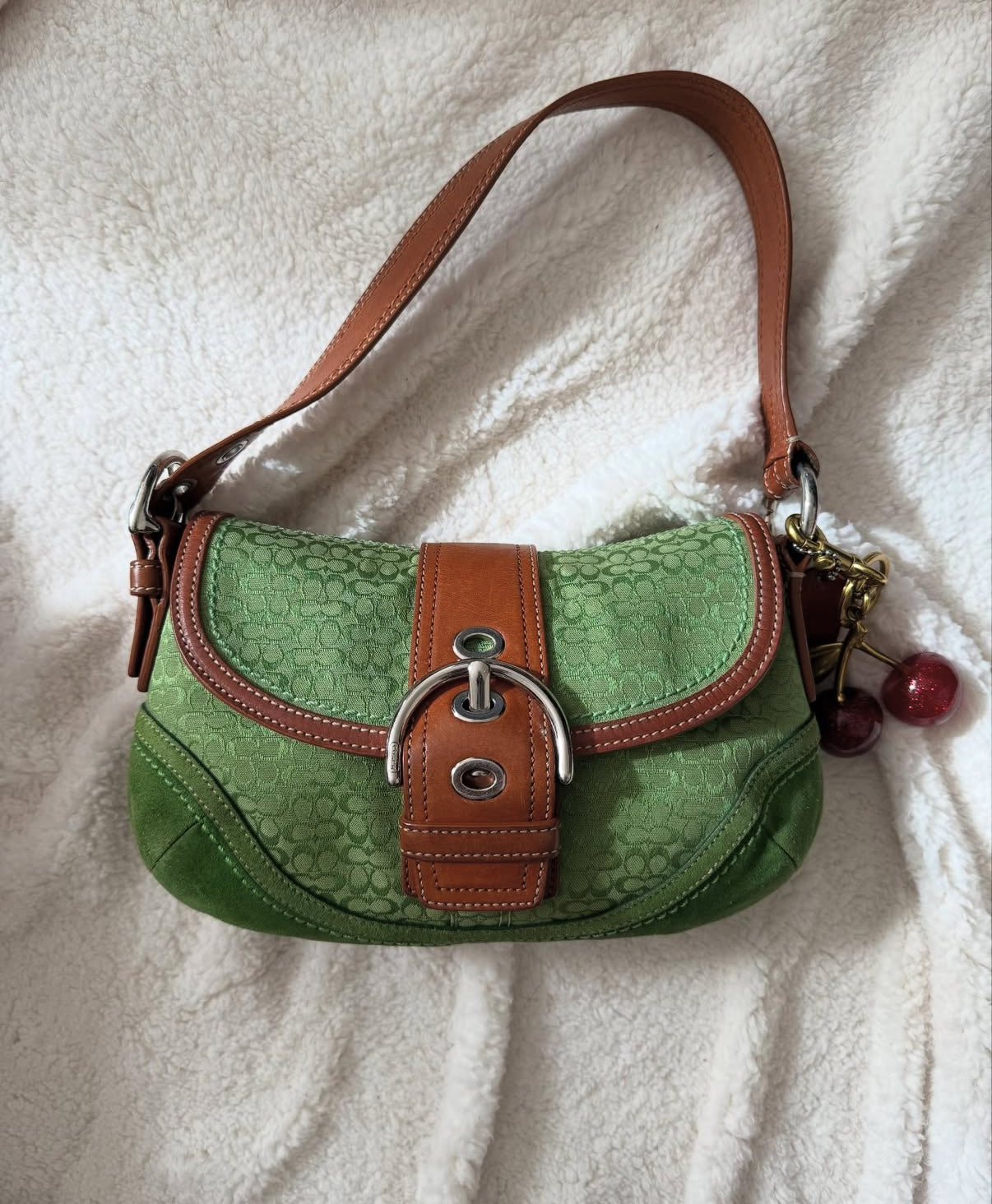 Rare Coach Soho Buckle Small Green Apple Signature Jacquard Suede Shoulder Bag