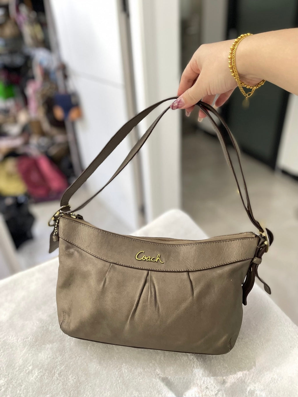 Coach Madison Pleated Leather Shoulder Bag (Bronze / Metallic Taupe leather)