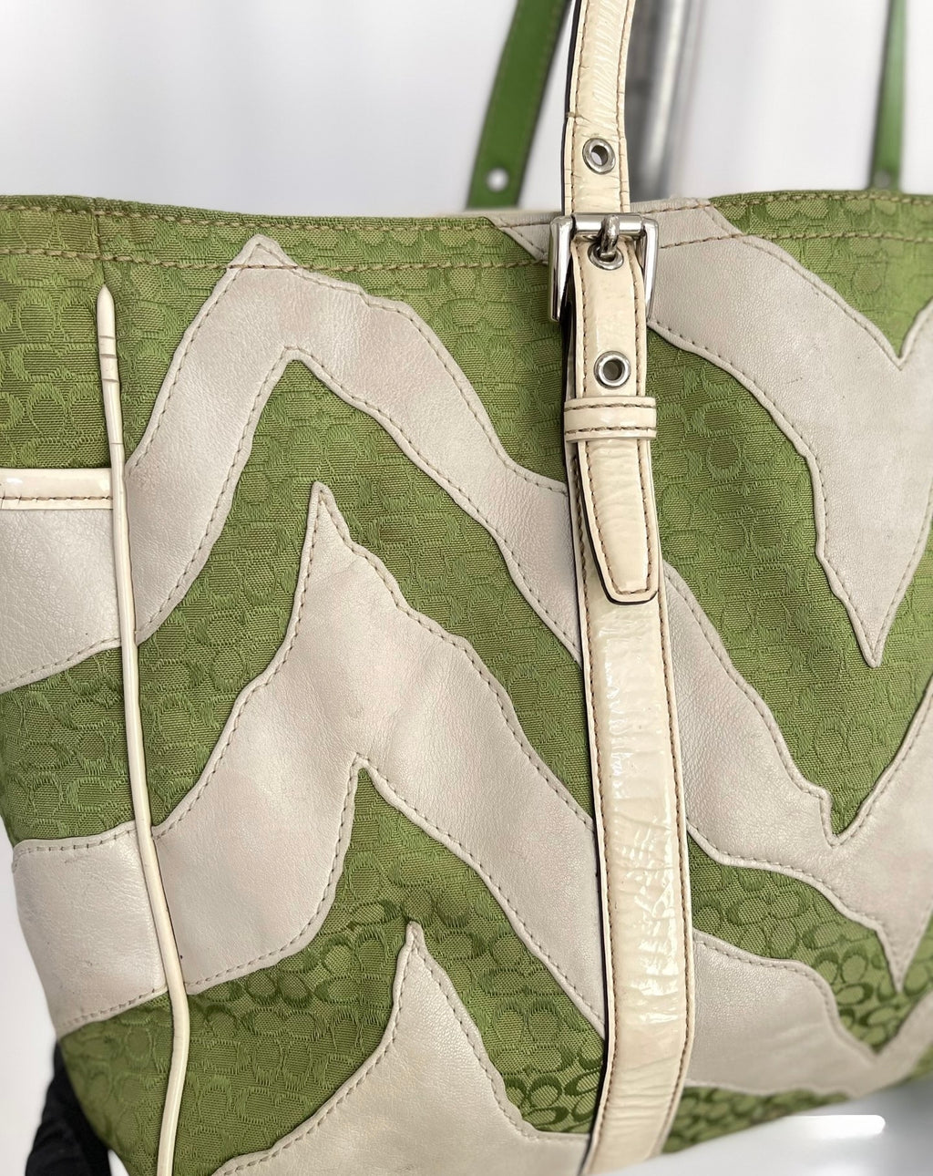 Coach Signature Chevron Zebra Canvas Tote (Green/White)