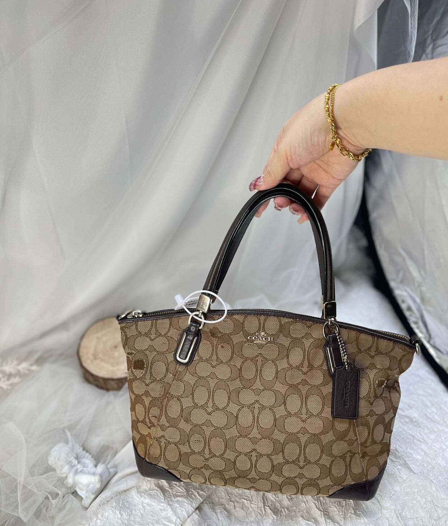 Coach Signature C Zip Top Satchel / Tote (Brown/Black leather trim and corner accents)