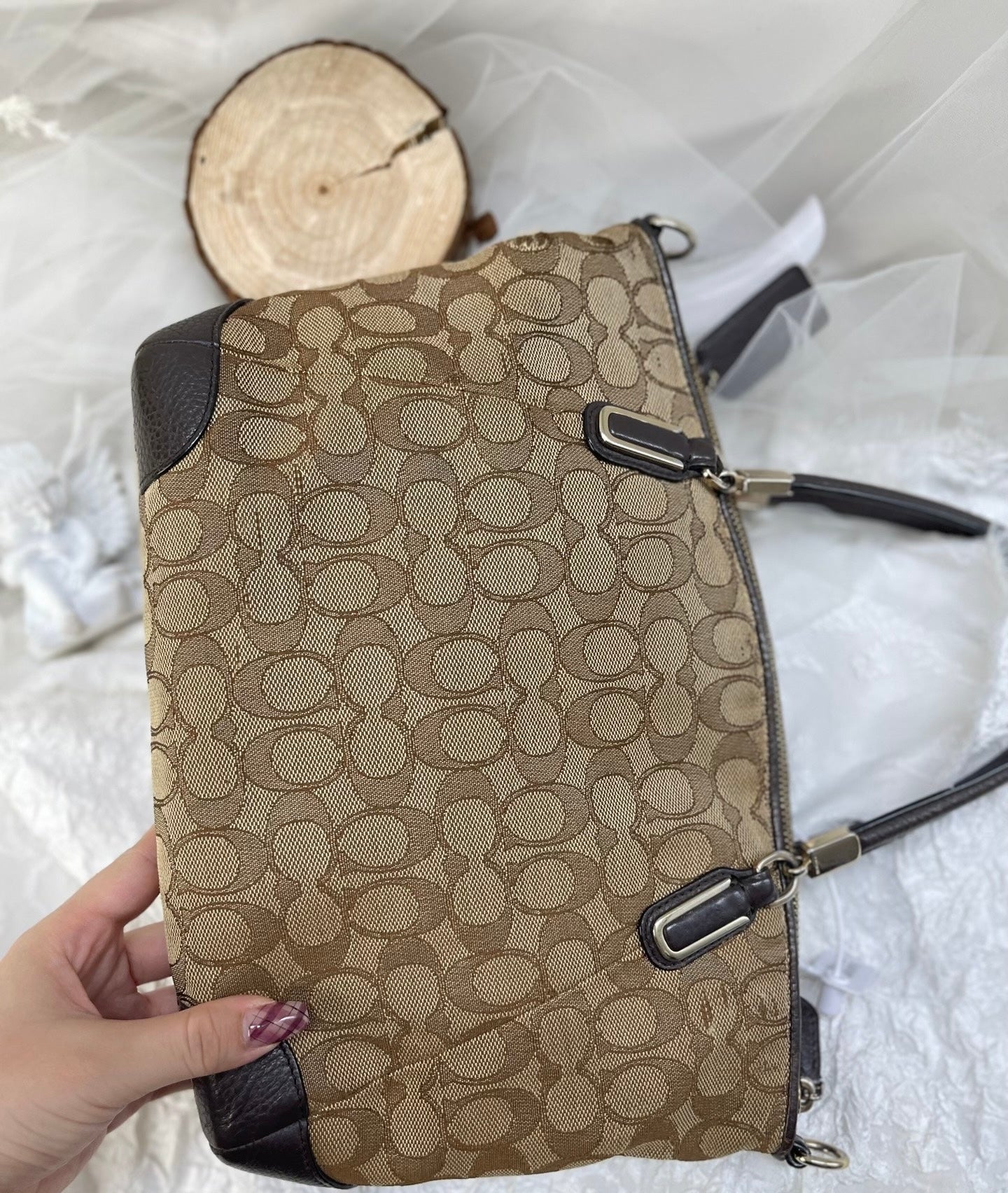 Coach Signature C Zip Top Satchel / Tote (Brown/Black leather trim and corner accents)