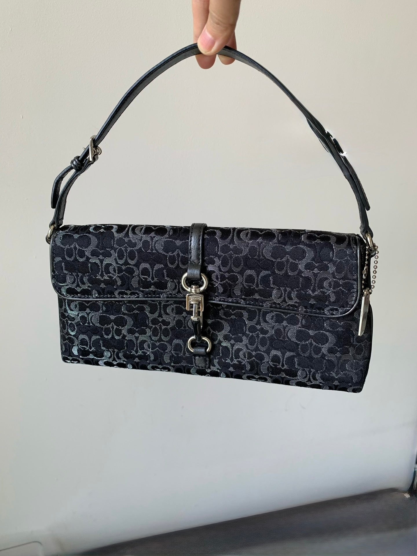Coach Hamptons Signature Demi Clip Baguette (Black/Silver Lurex Monogram)