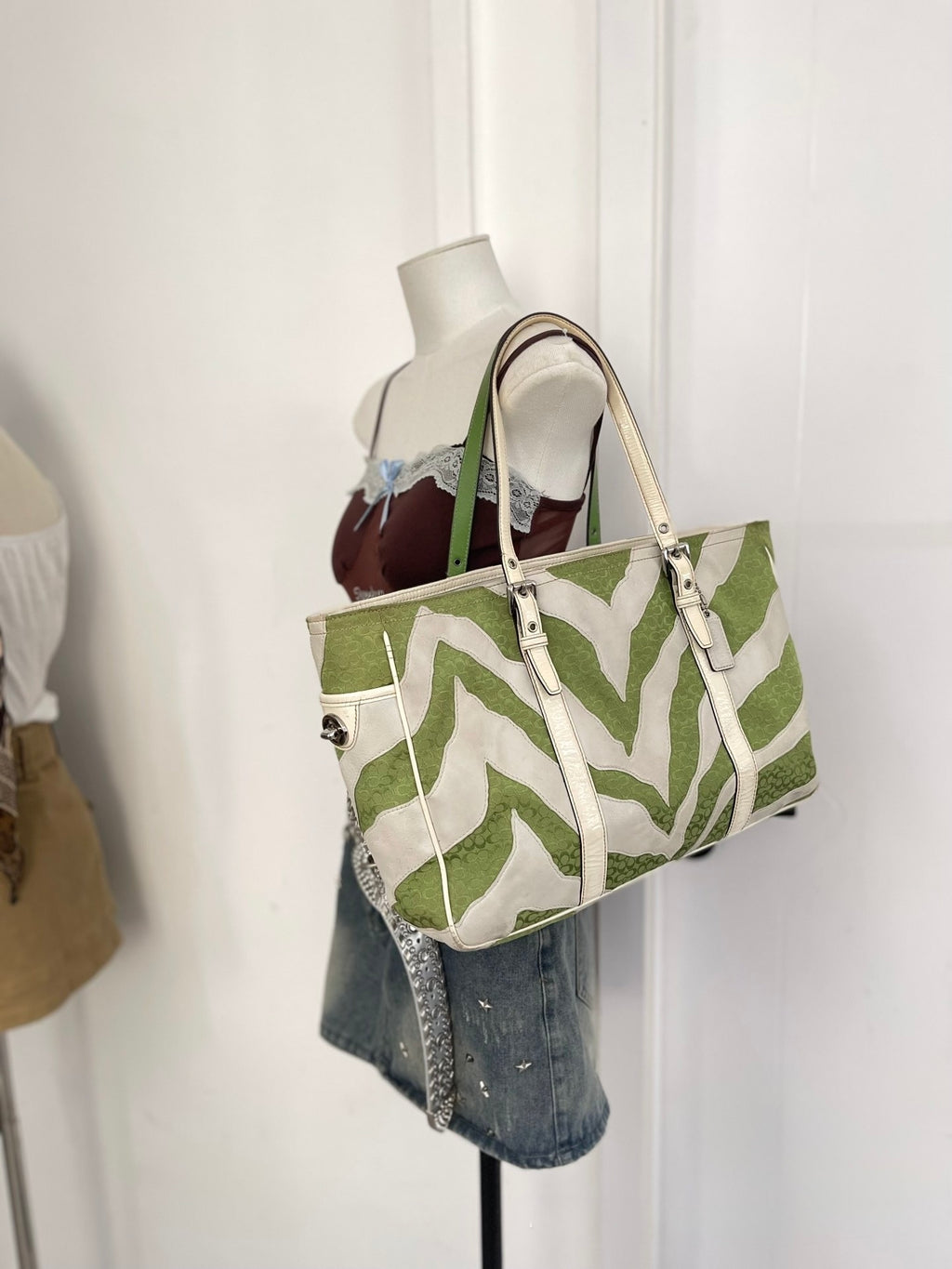 Coach Signature Chevron Zebra Canvas Tote (Green/White)