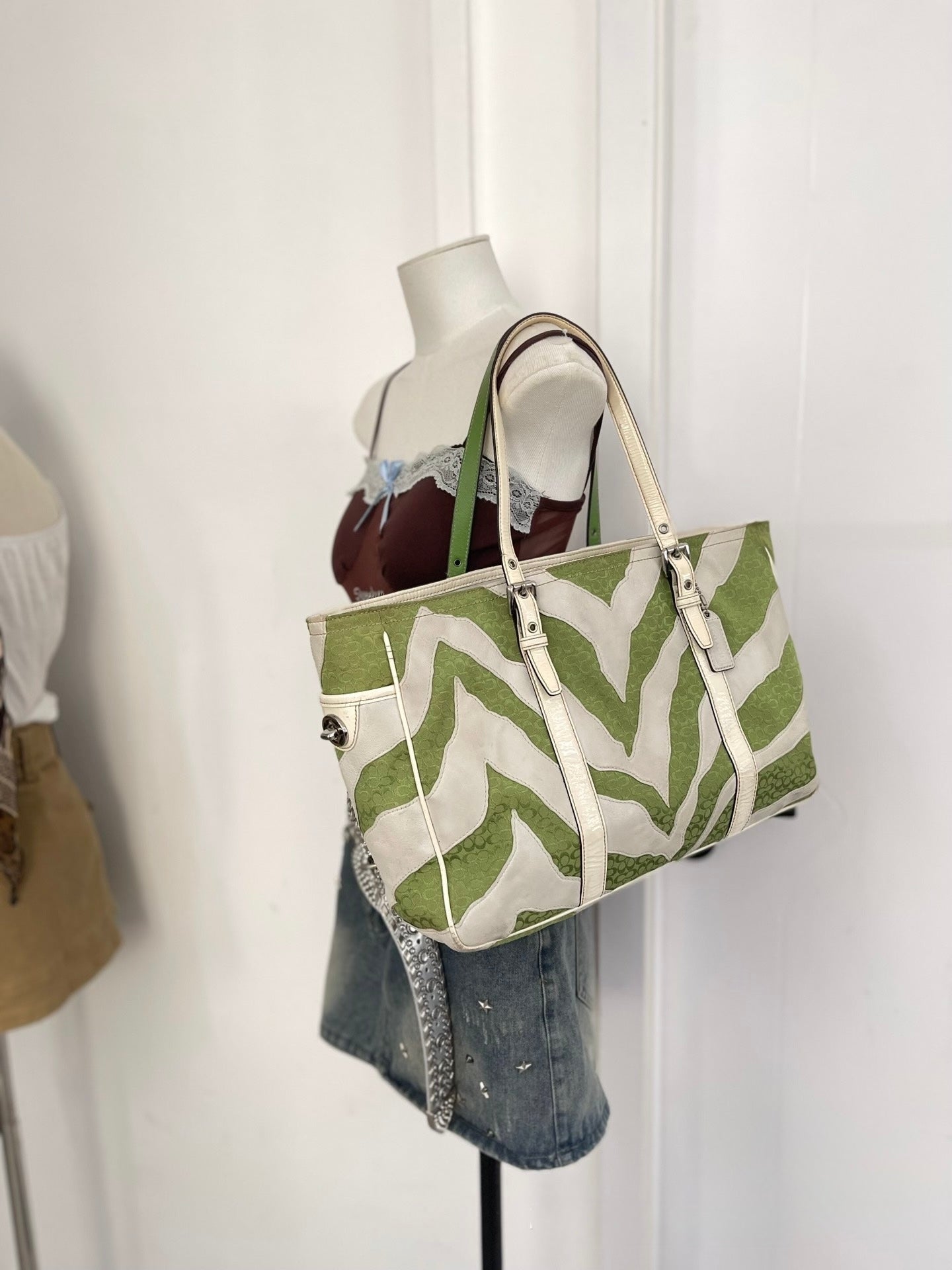 Coach Signature Chevron Zebra Canvas Tote (Green/White)