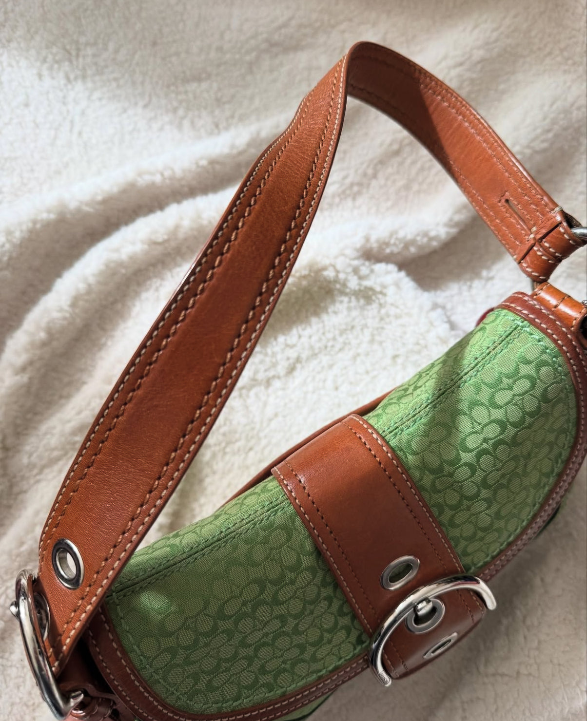 Rare Coach Soho Buckle Small Green Apple Signature Jacquard Suede Shoulder Bag