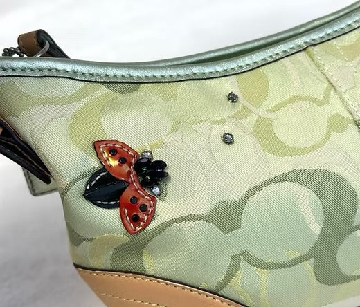 2004 Vintage Coach Green Optic Ladybug Appliqué Shoulder Bag