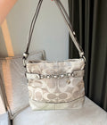 Coach Mia Signature Satin Chain Shoulder Bag (Silver/Metallic Khaki)