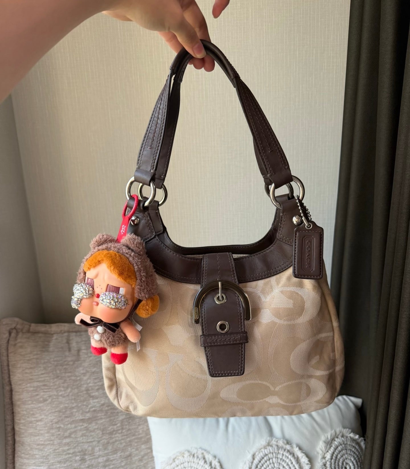 Coach Soho Signature Jacquard Flap Hobo Bag (Khaki/Brown with large center buckle)