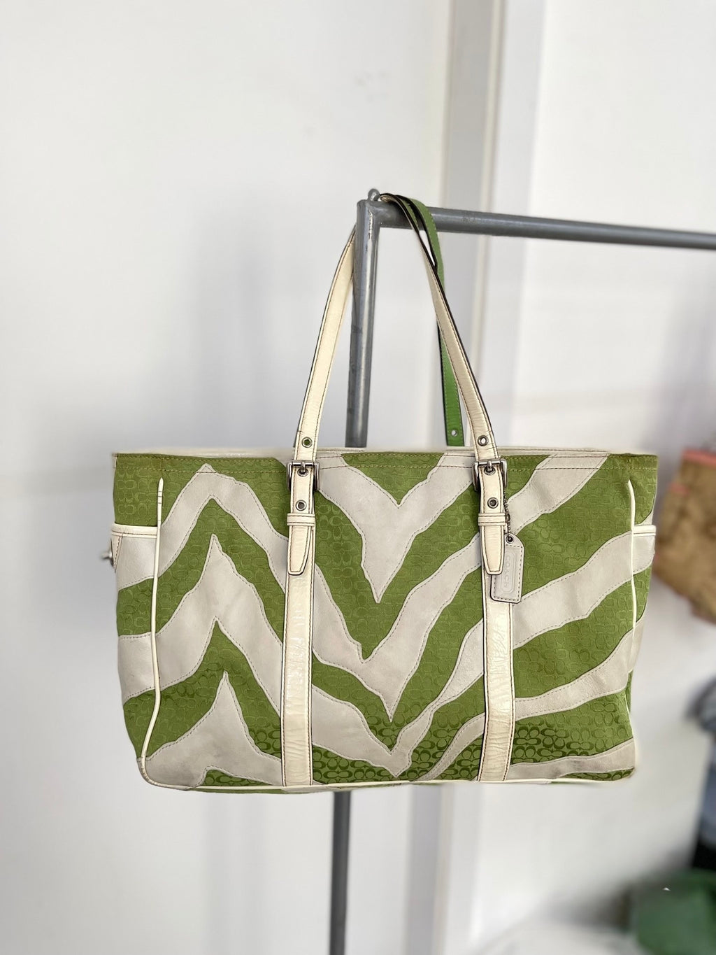 Coach Signature Chevron Zebra Canvas Tote (Green/White)