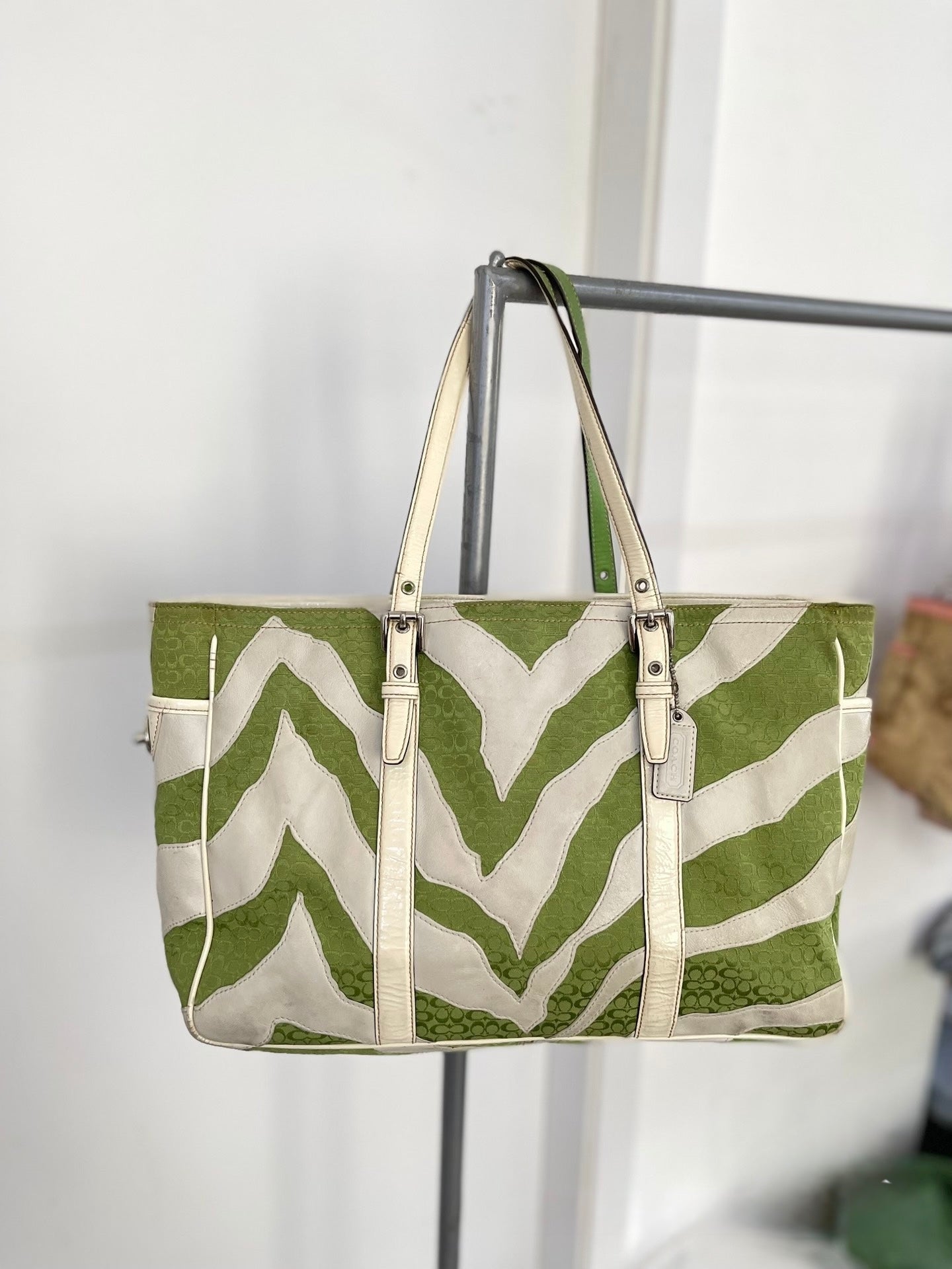 Coach Signature Chevron Zebra Canvas Tote (Green/White)