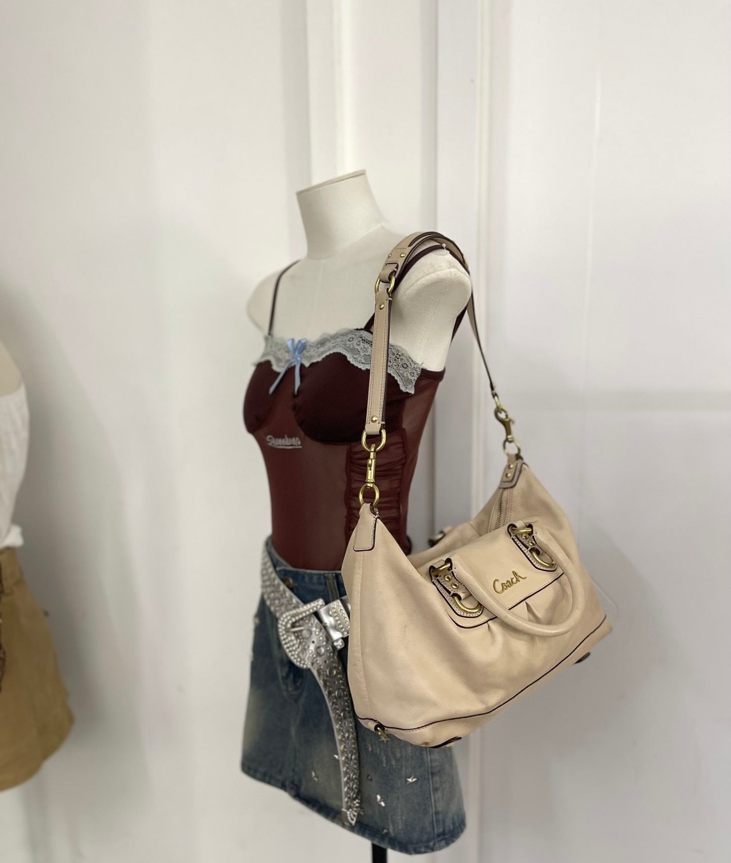 Coach Madison Ashley Pleated Leather Satchel (Cream/Parchment leather with gold hardware)
