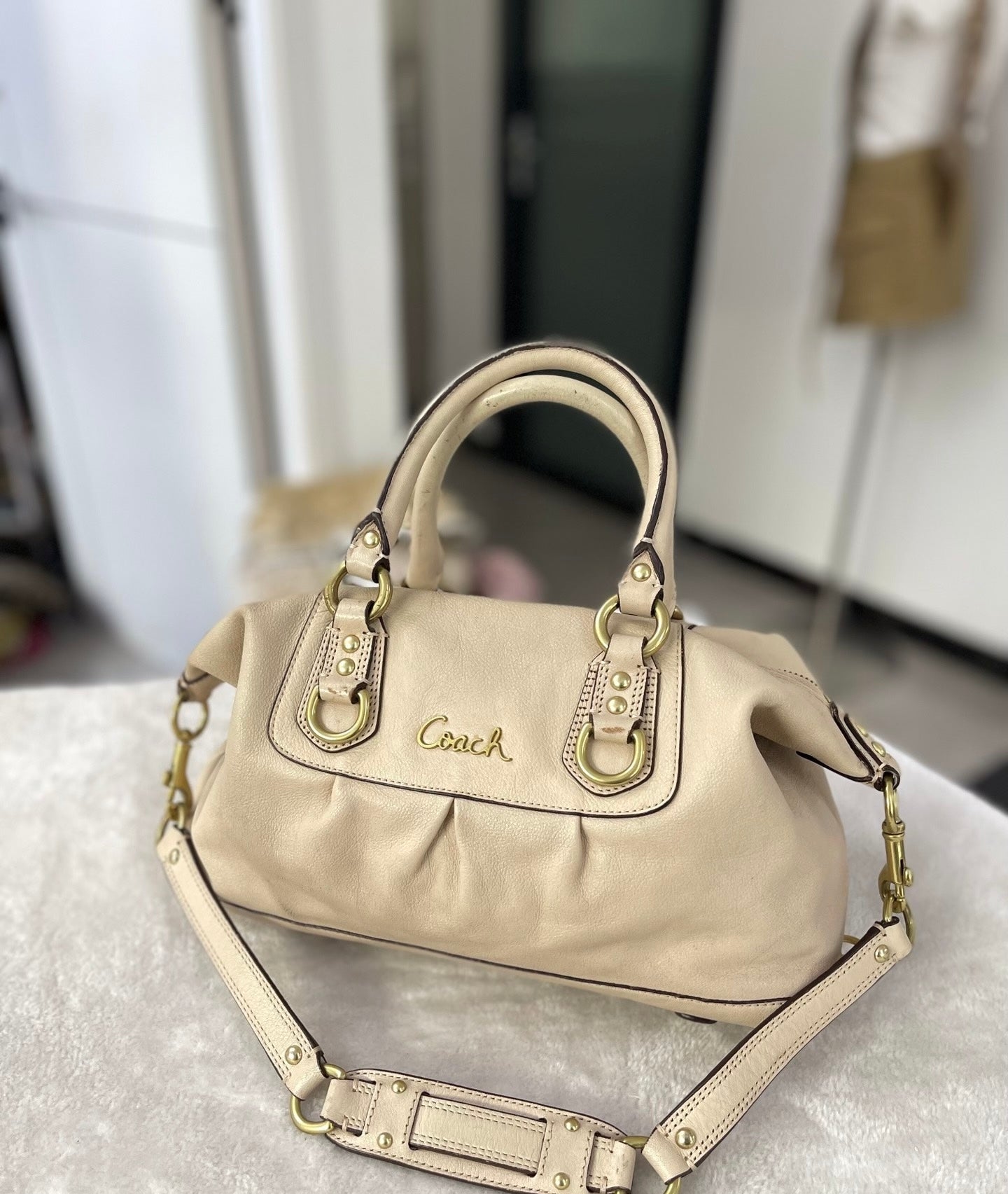 Coach Madison Ashley Pleated Leather Satchel (Cream/Parchment leather with gold hardware)