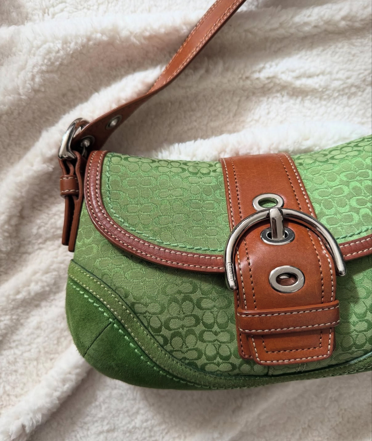 Rare Coach Soho Buckle Small Green Apple Signature Jacquard Suede Shoulder Bag