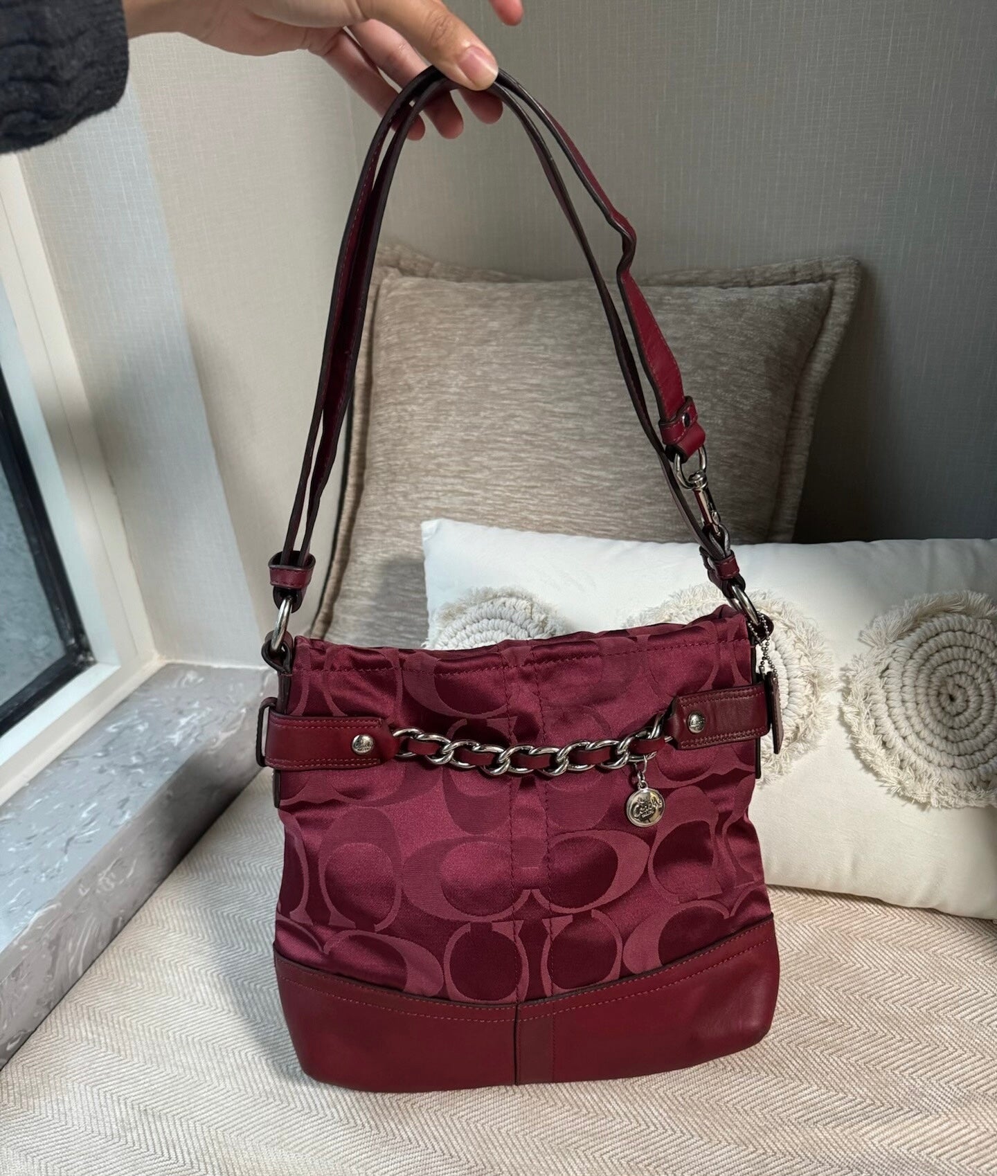 Coach Mia Signature Satin Chain Shoulder Bag (Burgundy)