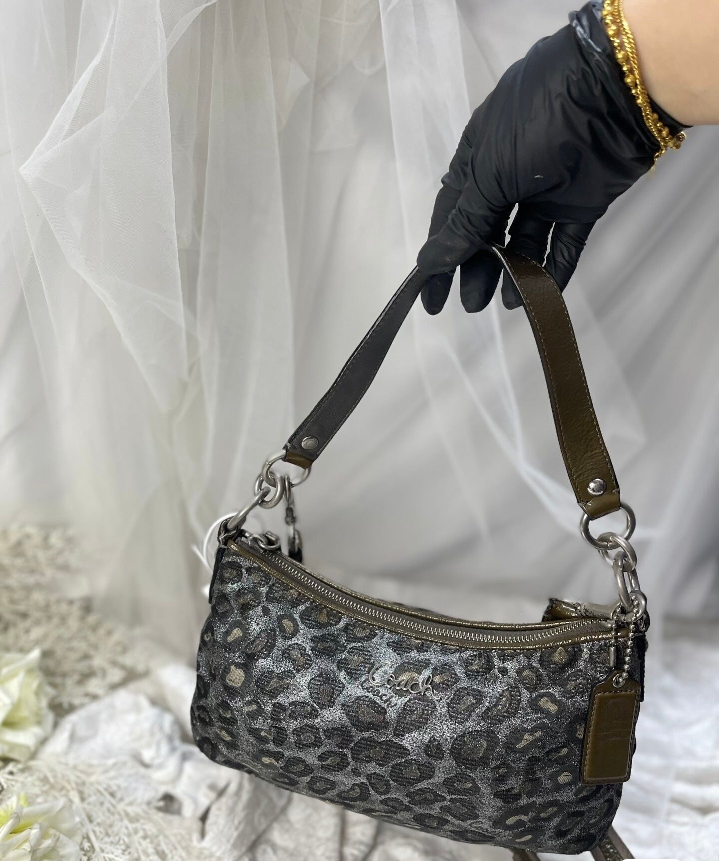 Coach Madison Op Art Metallic Sequin Leopard Demi Pouchette